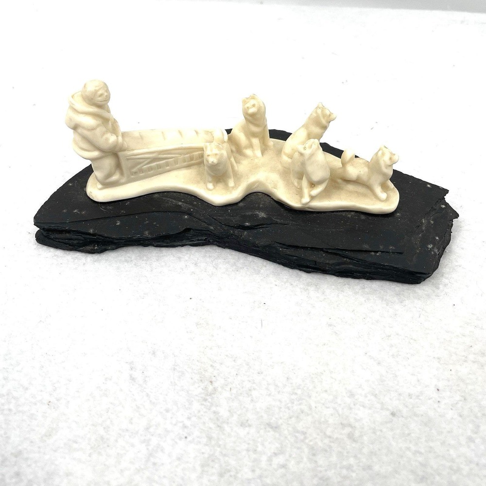 Pearlite Carved Dog Sled On Black Slate Canada 7"
